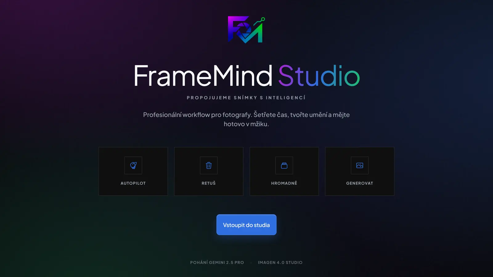 Skutečná vstupní obrazovka FrameMind Studia